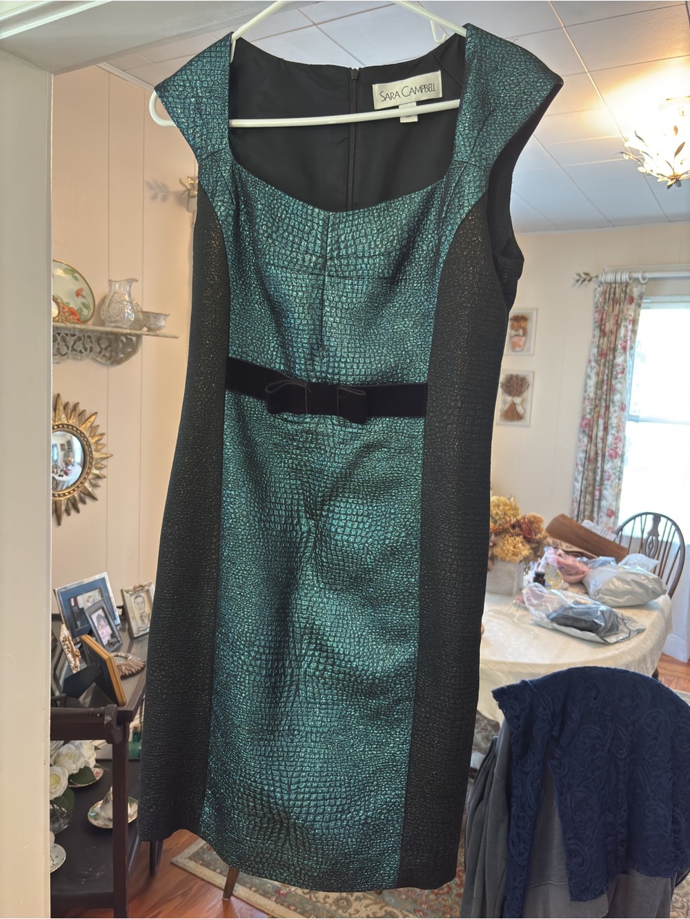 Sara Campbell Teal Sheath Dress with Black Side Panels and Velvet Bow